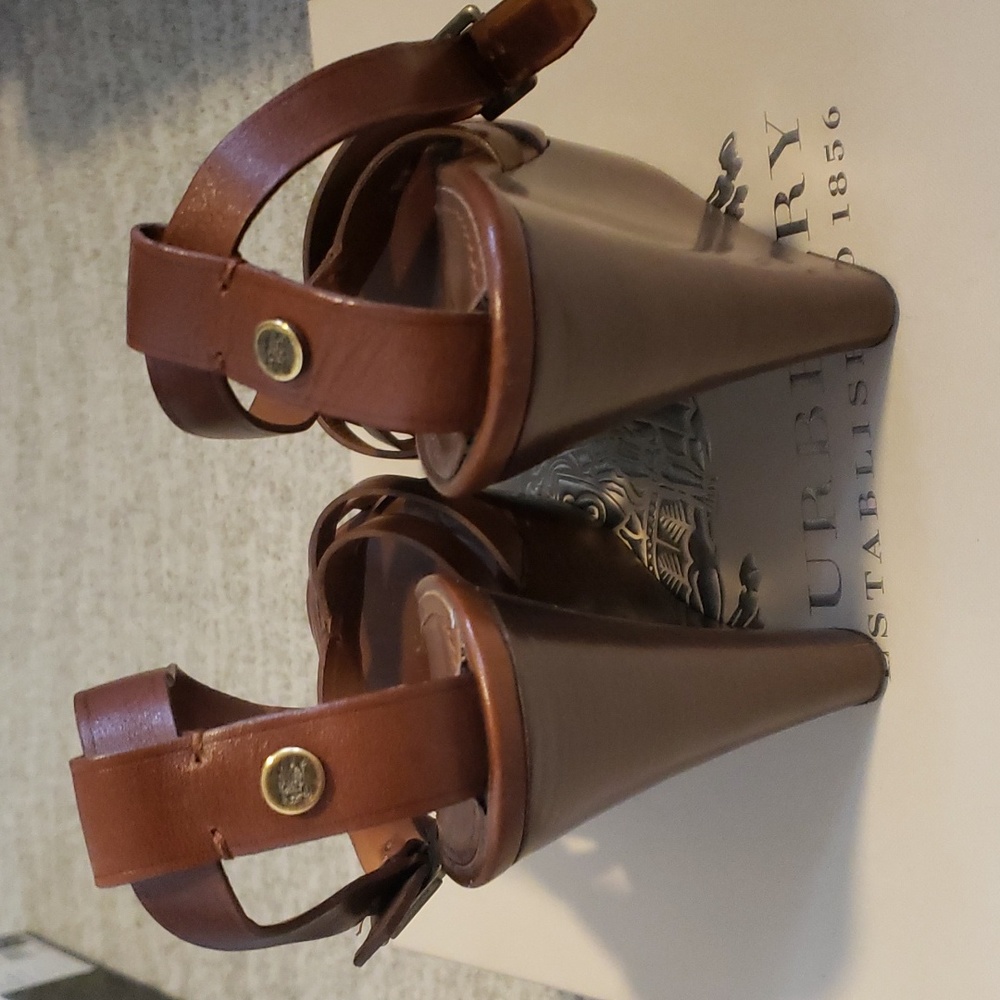 Burberry Brown Leather and Wood High Heeled Platform Strappy Sandals - Picture 3 of 8